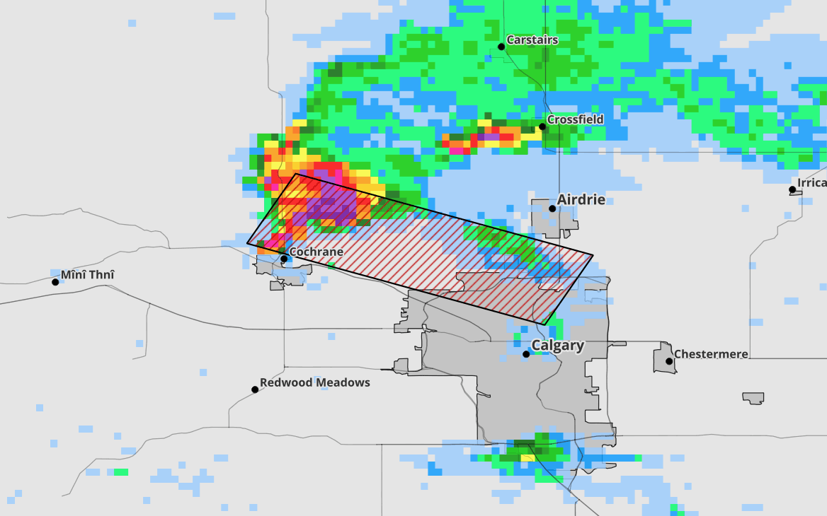 Mid stages of storm development (N/NNE of Cochrane) with alert polygon